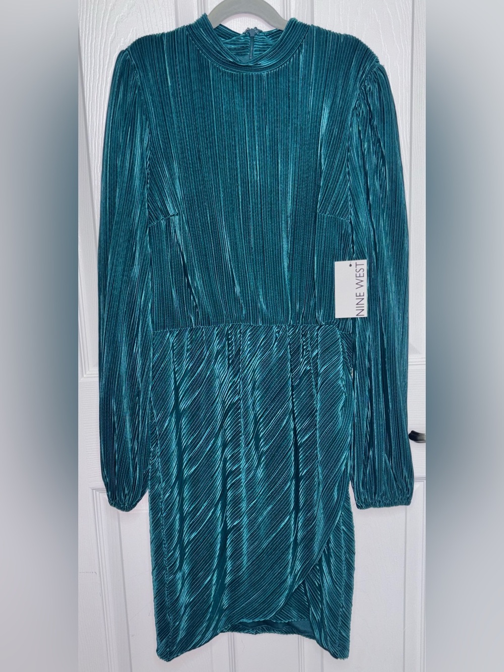 NWT Nine West Rich Teal Pleated Long Sleeve Dress